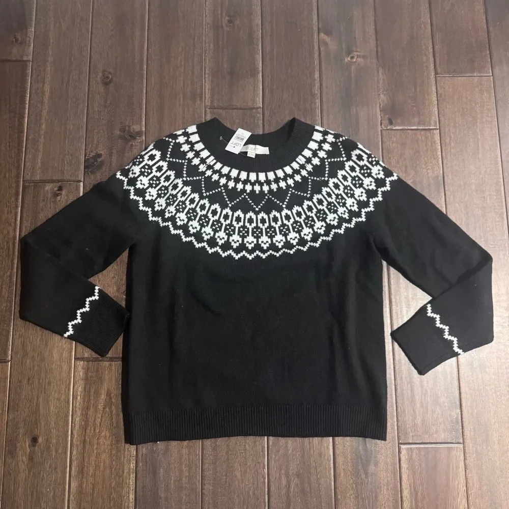 LOFT Black & White Fair Isle Crewneck Apres Ski Sweater XS NWT
